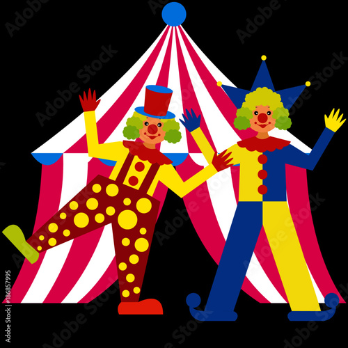 clowns perform in front of a tent. vector illustration