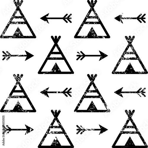 Teepee and arrows seamless vector pattern, Aztec style Indian repetitive design, Native American wallpaper 