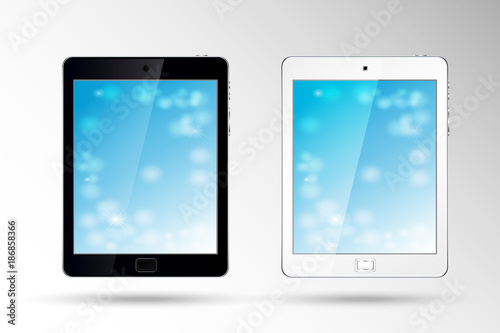 Tablet mock up set with Blue Technology screen. Vector illustration.