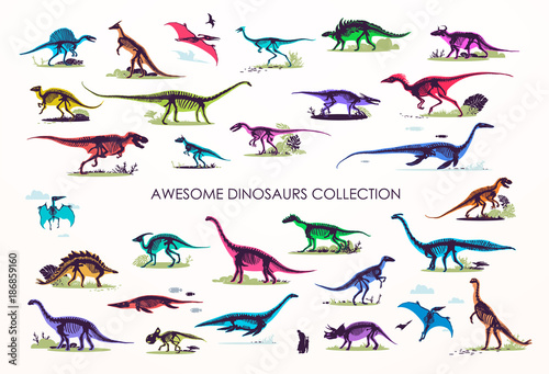 Set of silhouettes, dino skeletons, dinosaurs, fossils. Hand drawn vector illustration. Realistic Sketch collection: diplodocus, triceratops, tyrannosaurus, doodle pattern...