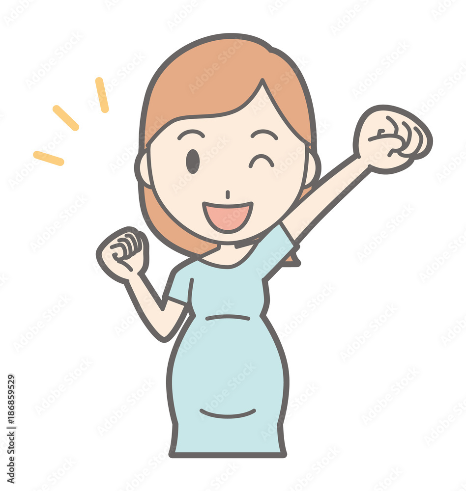 A pregnant woman in green's clothes is raising his fist A pregnant woman in green's clothes is raising his fist