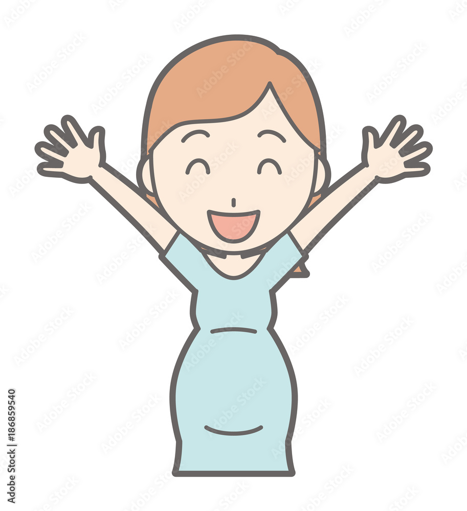 A pregnant woman in green's clothes raises her hands A pregnant woman in green's clothes raises her hands