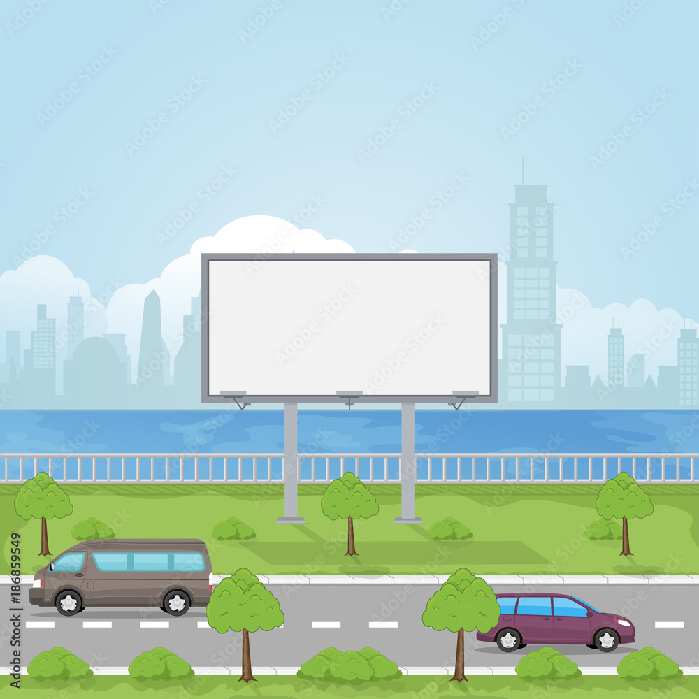 A large empty city billboard for your advertising and a road with a passing transport near him