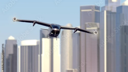Flying Taxi Drone landing with the city skyline in the background, 4k photo