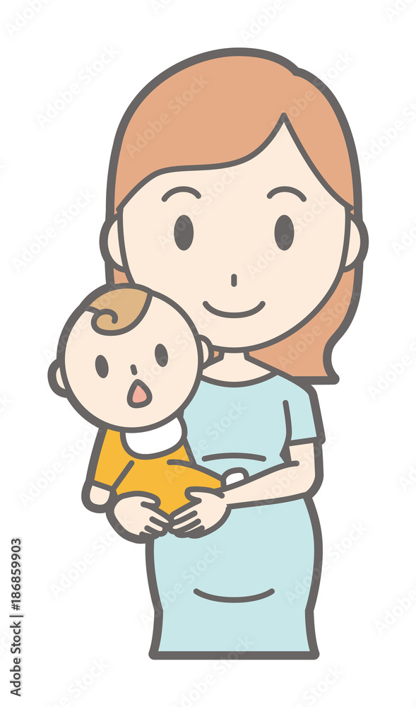 A pregnant woman in green dress holds her baby A pregnant woman in green dress holds her baby