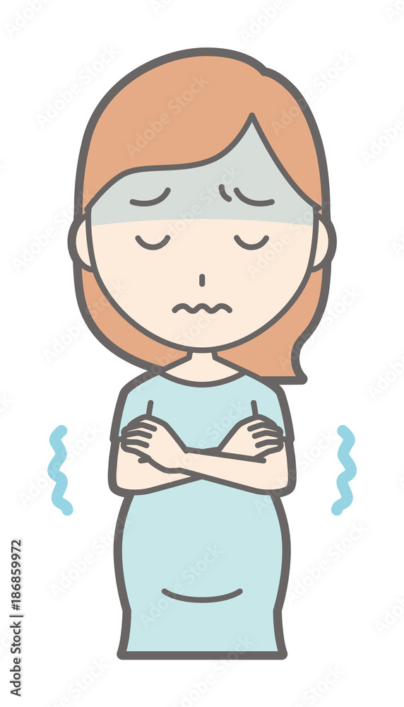 A pregnant woman wearing green clothes is cold. A pregnant woman wearing green clothes is cold.