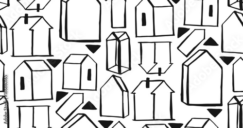 Hand drawn vector abstract graphic seamless triangle and houses scandinavian pattern. Textile background. Wrapping texture