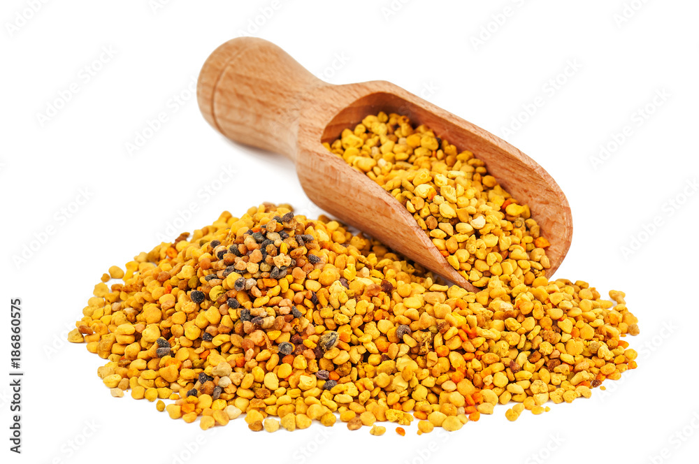 bee pollen and wooden spoon - obrazy, fototapety, plakaty 
