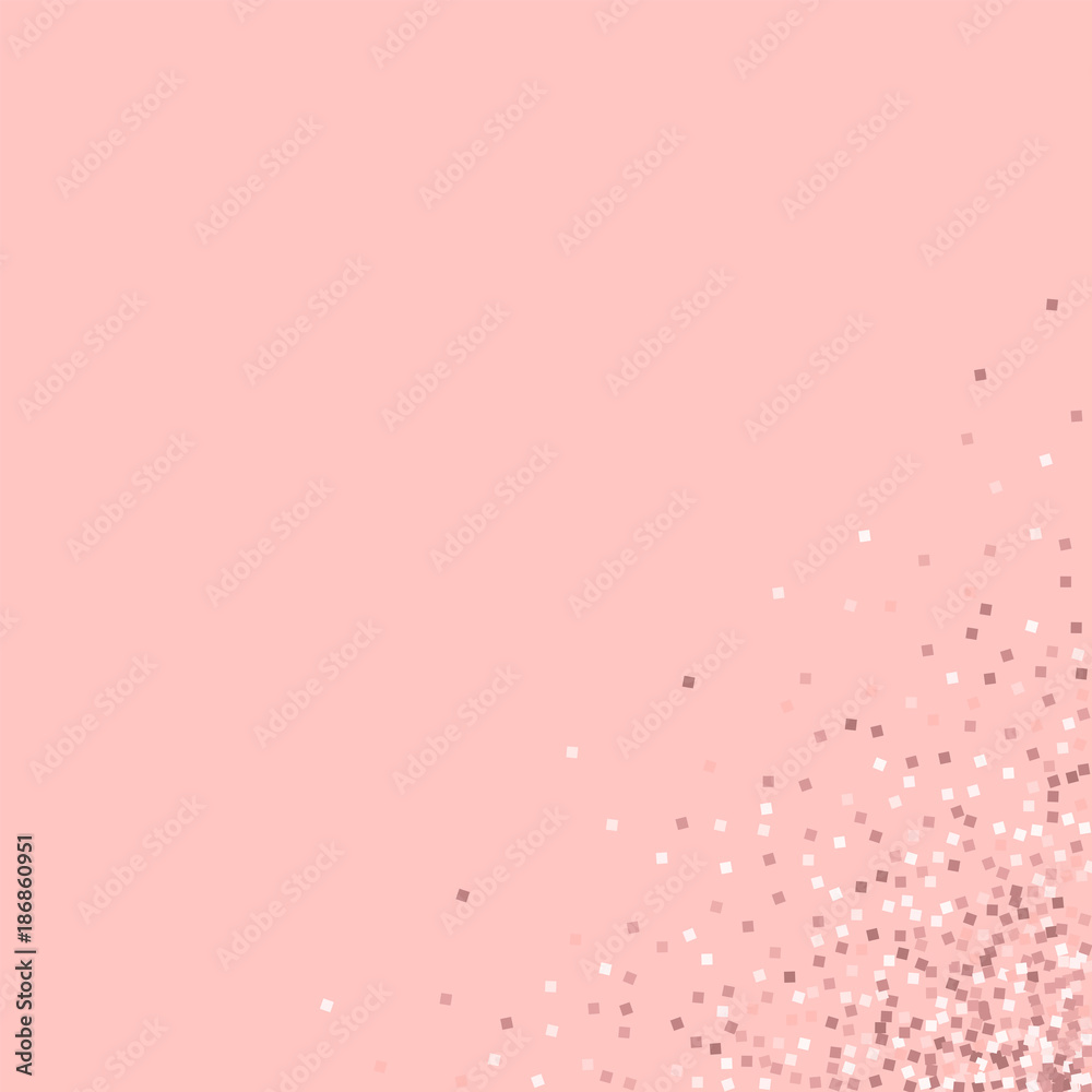 Pink gold glitter. Messy bottom right corner with pink gold glitter on pink background. Remarkable Vector illustration.