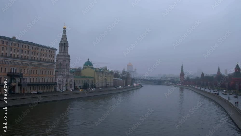 Moscow, Russia, panorama of Kremlin in rainy, foggy day, the Moscow River Moscow, Russia, panorama of Kremlin in rainy, foggy day, the Moscow River