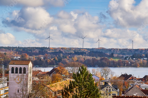 The city of Starnberg and Lake Starnberg on a sunny day