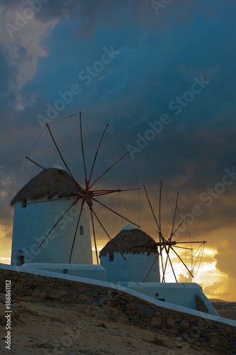 Mykonos windmills at sunset