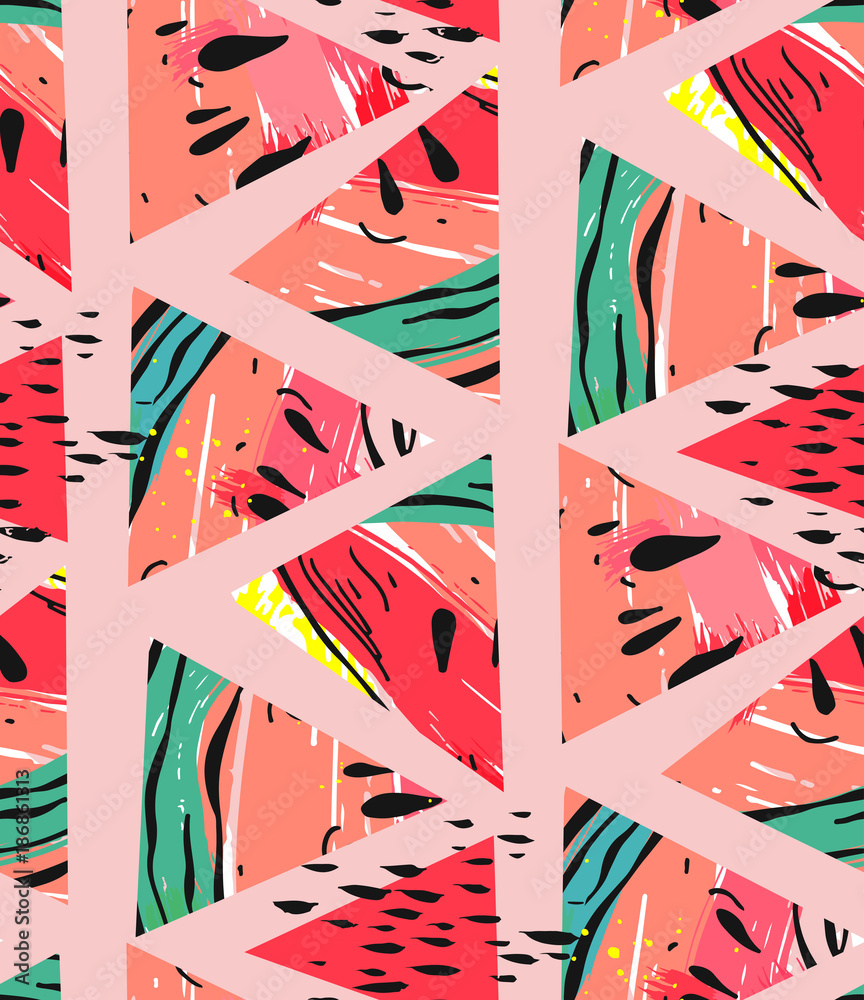 Fotografie Hand drawn vector abstract collage seamless pattern with watermelon motif and tr