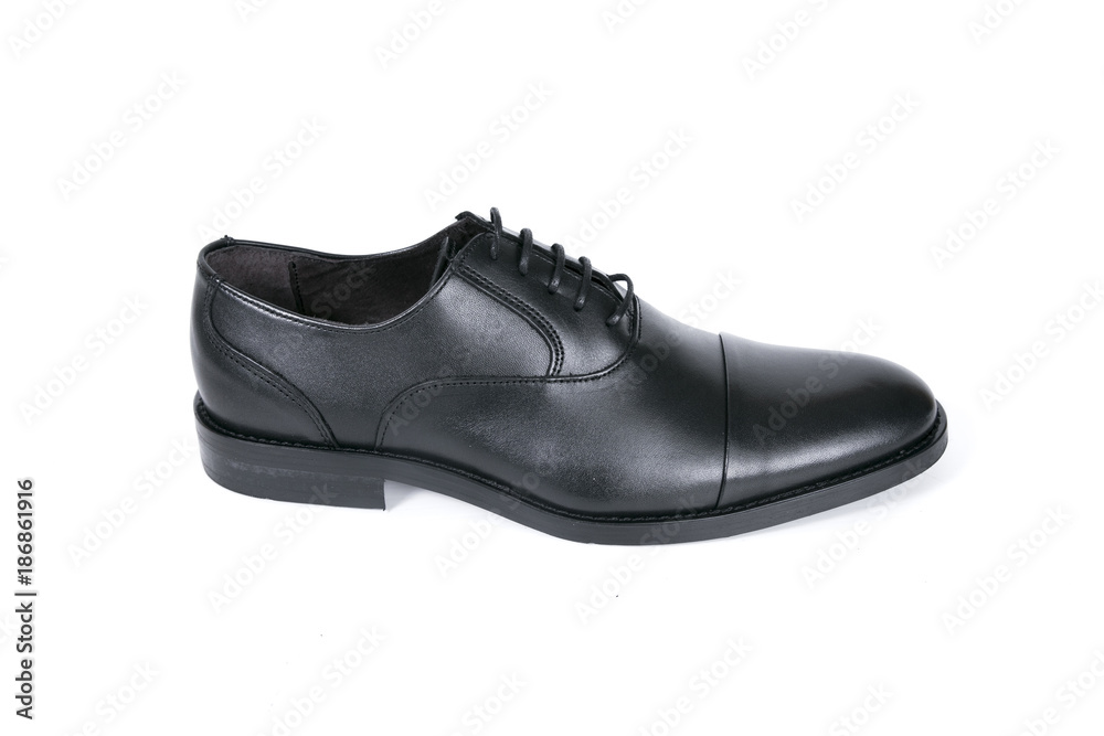 Male black leather shoe on white background, isolated product, comfortable footwear.