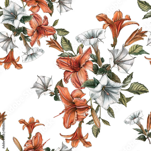 Fototapeta Kwiatowy wzór z akwarela daylilies i kwiat datura