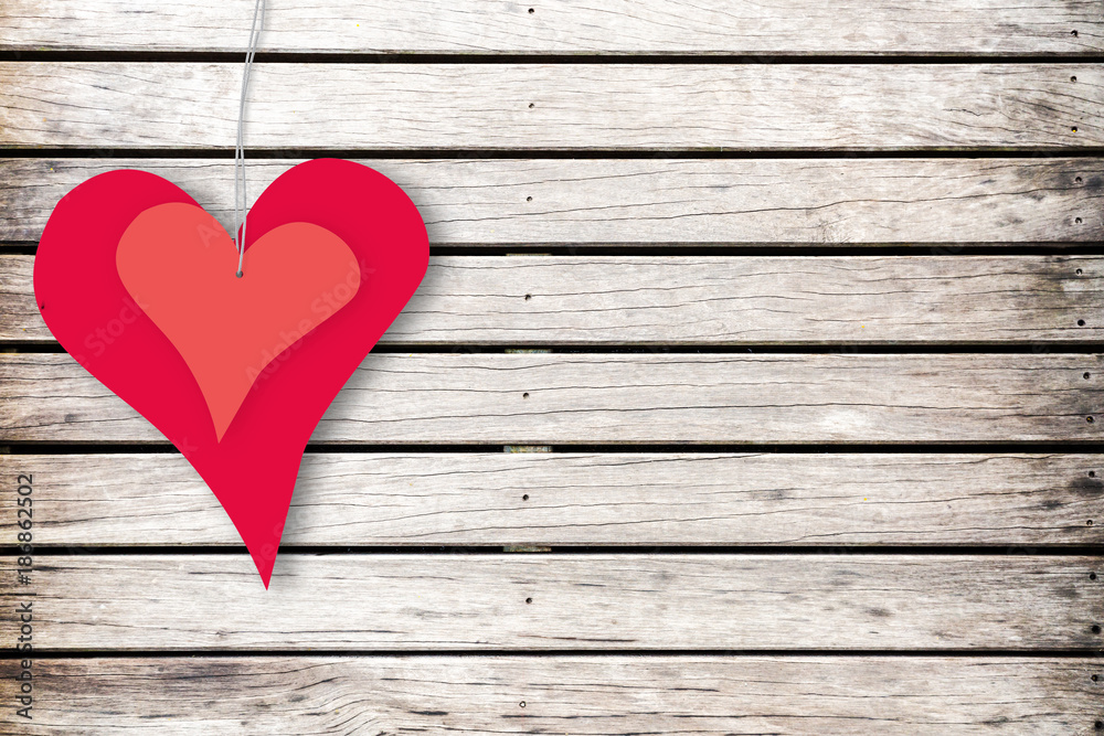 Two Red Hearts Hanging On Old White Painted Wood Wall Two Red Hearts Hanging On Old White Painted Wood Wall
