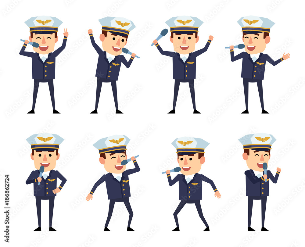 Set of handsome airline pilot characters posing with microphone. Cheerful pilot karaoke singing. Flat style vector illustration