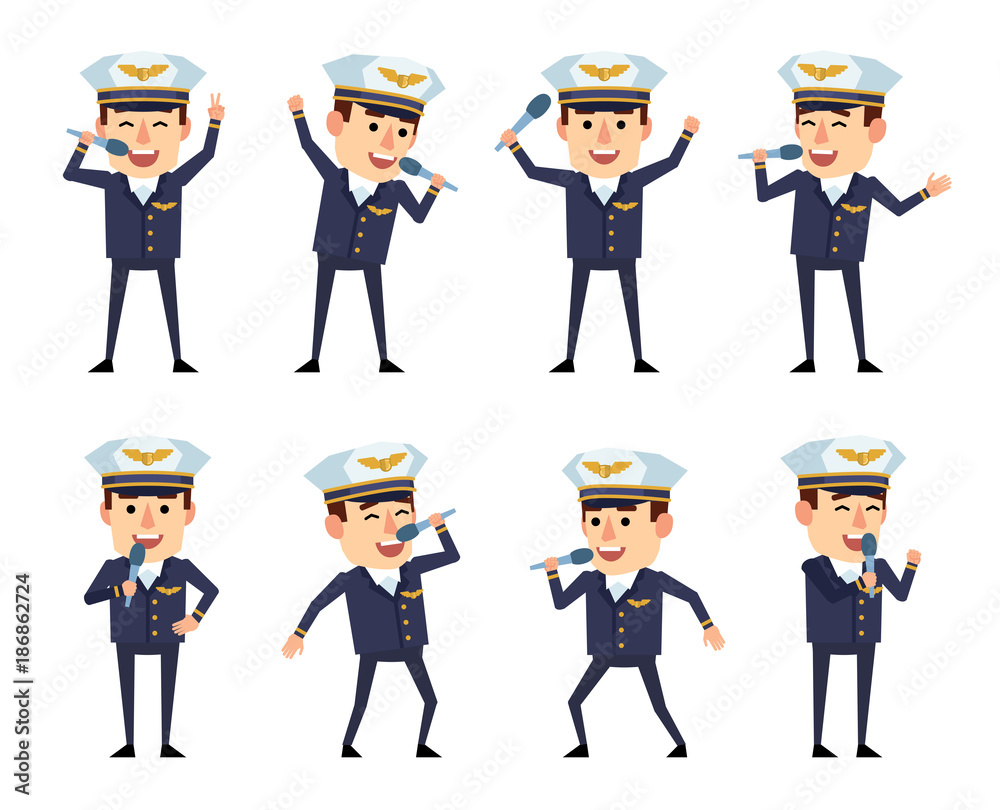 Set of handsome airline pilot characters posing with microphone. Cheerful pilot karaoke singing. Flat style vector illustration Set of handsome airline pilot characters posing with microphone. Cheerful pilot karaoke singing. Flat style vector illustration