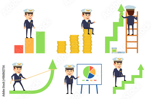 Set of handsome airline pilot characters posing with various charts. Cheerful pilot standing on growth diagram, pointing to whiteboard and showing other actions. Flat vector illustration