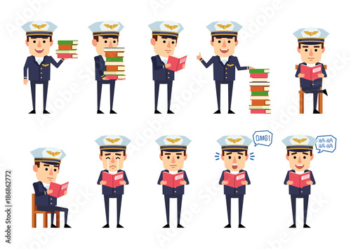 Set of handsome airline pilot characters posing with books. Cheerful pilot reading book, laughing, crying, surprised and showing other actions. Flat style vector illustration
