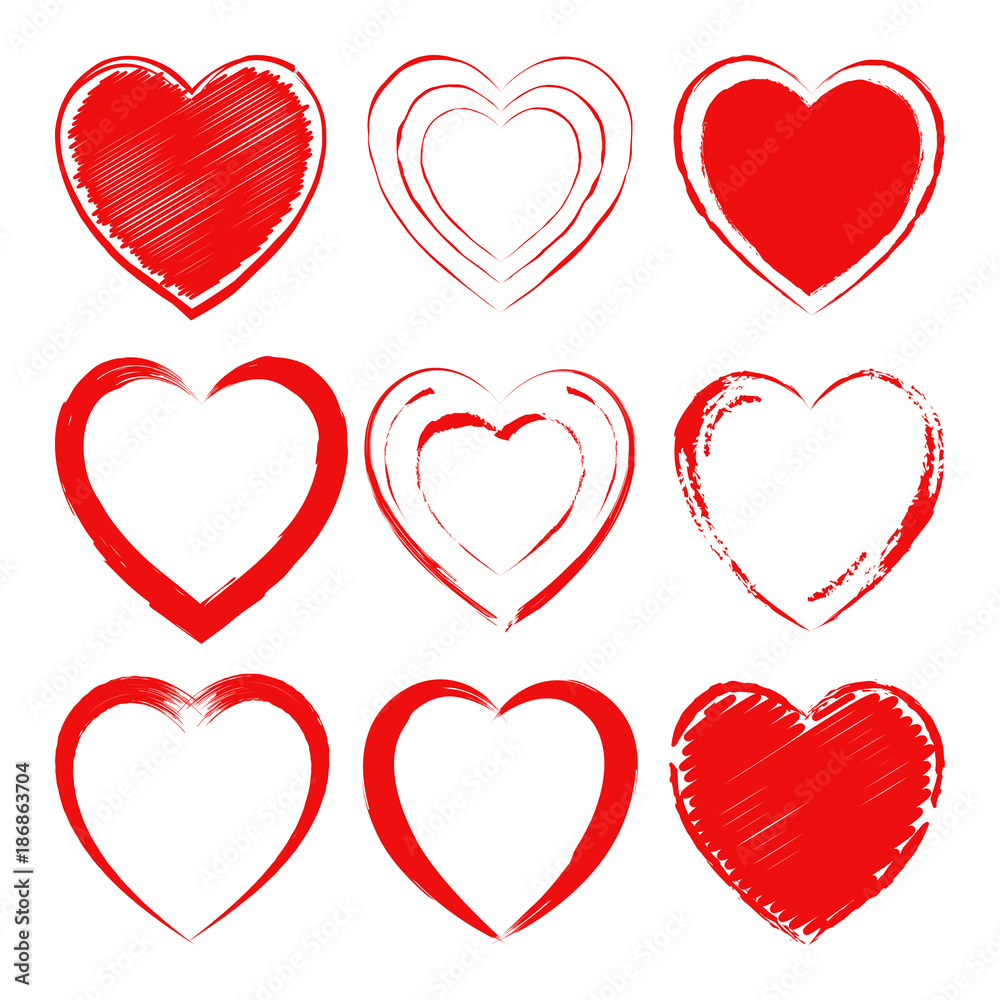 Vector set of different hand drawn hearts. Design elements for Valentine's Day greeting card, wedding invitation. Isolated on white background.