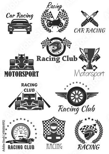 Racing club and motorsport isolated symbol set