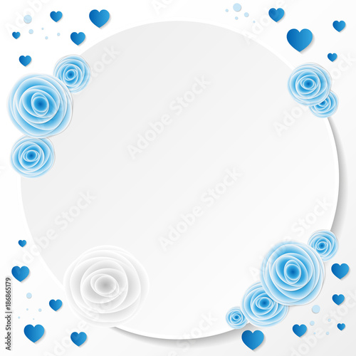 Circle with blue rose for greeting card invitation on white background with space for text