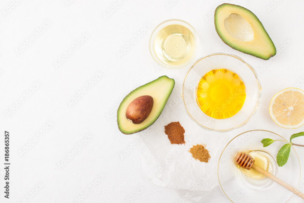 Recipes avocado with honey on white background Recipes avocado with honey on white background