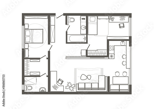 linear architectural sketch plan of two bedroom apartment