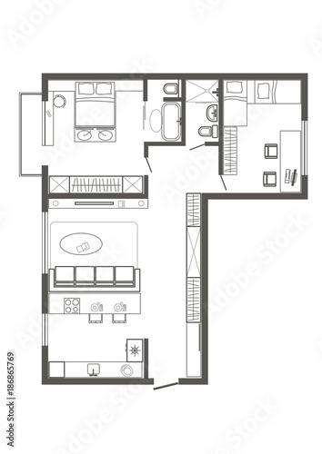 linear architectural sketch plan of standart two bedroom apartment