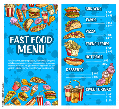 Fast food burger and drink menu sketch banner set