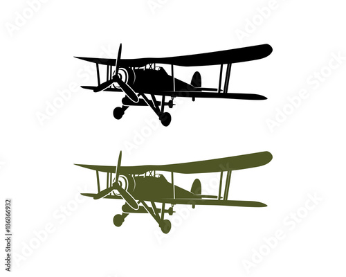 Fototapeta Naklejka Na Ścianę i Meble -  Black and Green Flying Old Aircraft Fighter with Propeller or Rotor for Marine Illustration Symbol Logo Vector
