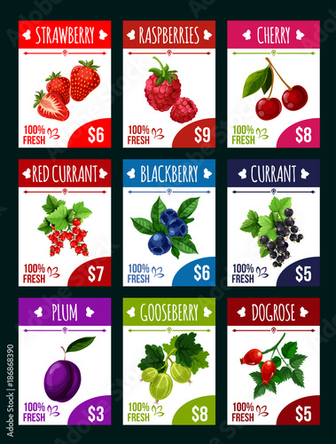 Vector berry shop or fruit market price cards