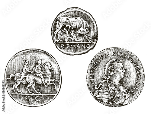 set ancient coins or money. roman and greek cash reward. engraved hand drawn in old sketch, vintage style.