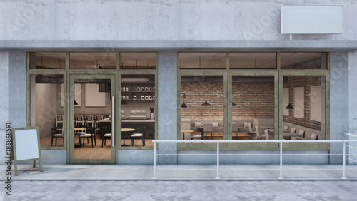 Front view Cafe shop & Restaurant design. Modern Loft counter steel black. Top counter concrete,Door frame wood, Brick Concrete wall - 3D render