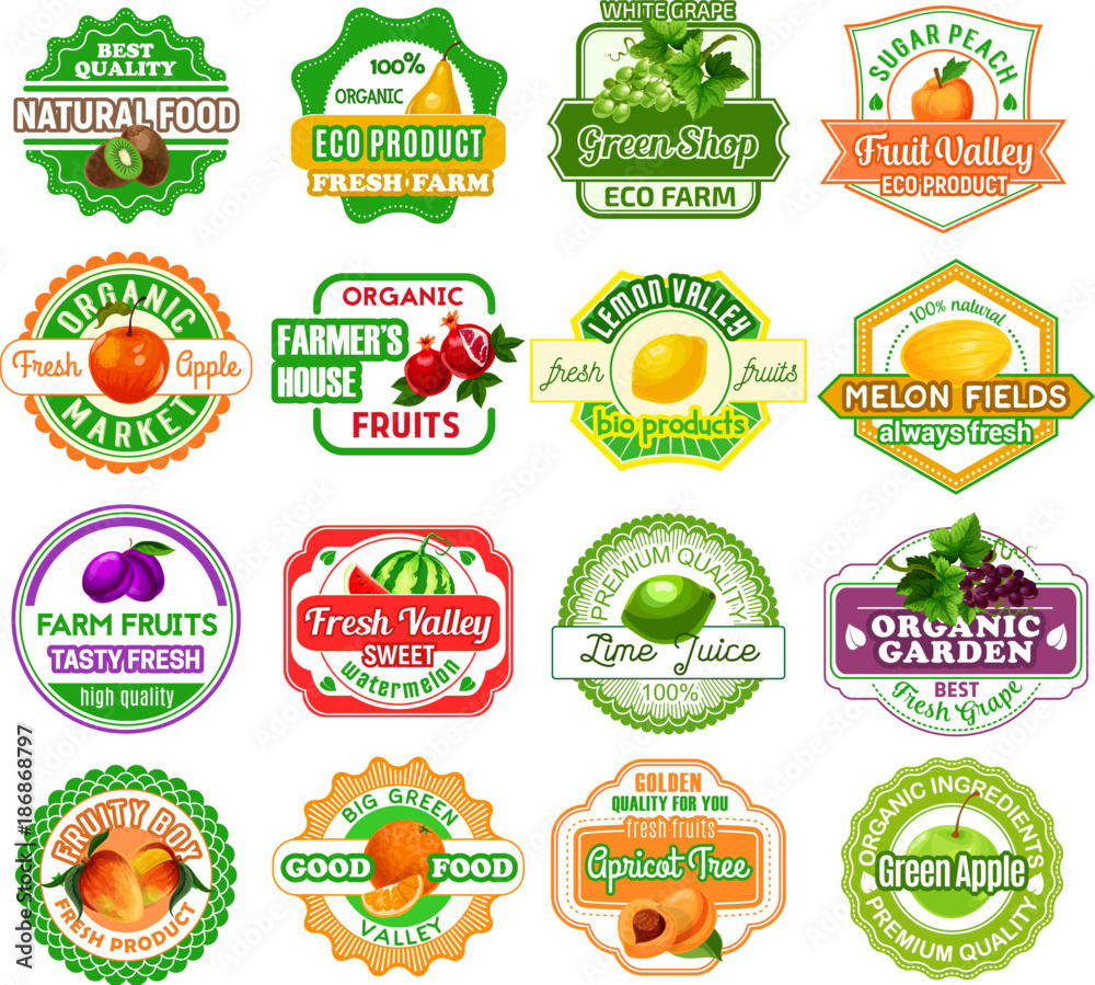 Vector labels tropical exotic fruit juice icons