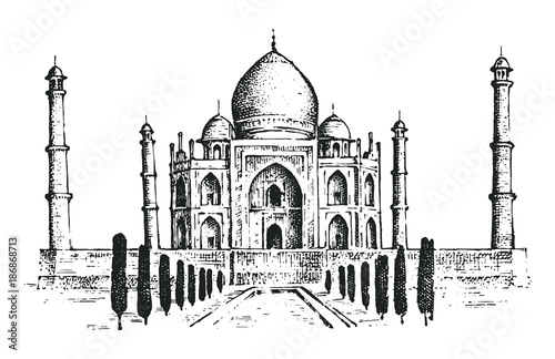 Taj Mahal an ancient Palace in India. landmark or architecture, hindu Temple. Traditional mausoleum-mosque. engraved hand drawn in old sketch, vintage style. Agra on the bank of the river Yamuna.