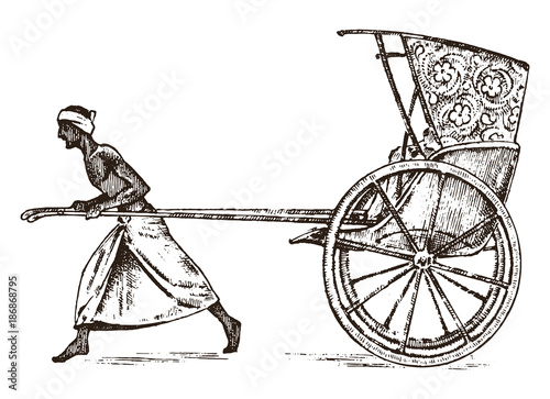 Hindu farmer with Rickshaw, working with a cart for passengers in India. engraved hand drawn in old sketch, vintage style. Kolkata.