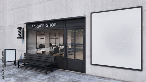 Front view Barber shop Modern & Loft design.Concrete wall, Wood floor, Black frame windows door- 3D render