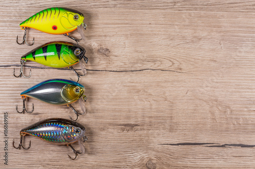 Fishing tackle on a wooden table