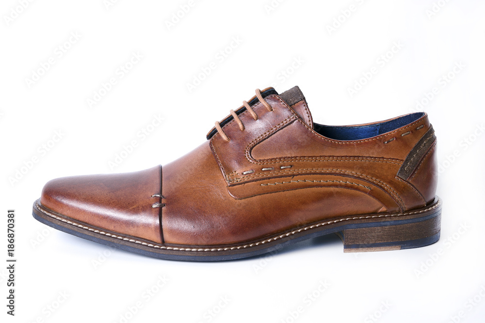 Male brown leather shoe on white background, isolated product, comfortable footwear.