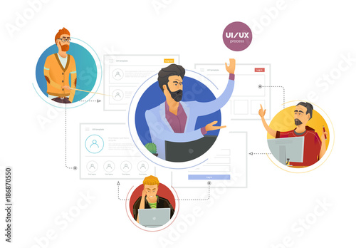 User experience. Team of specialists, web studio, in the process of creating an interface. Сartoon character. Сreation of wireframes for web interfaces. Modern vector illustration for web, print .