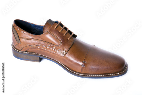 Male brown leather shoe on white background, isolated product, comfortable footwear.
