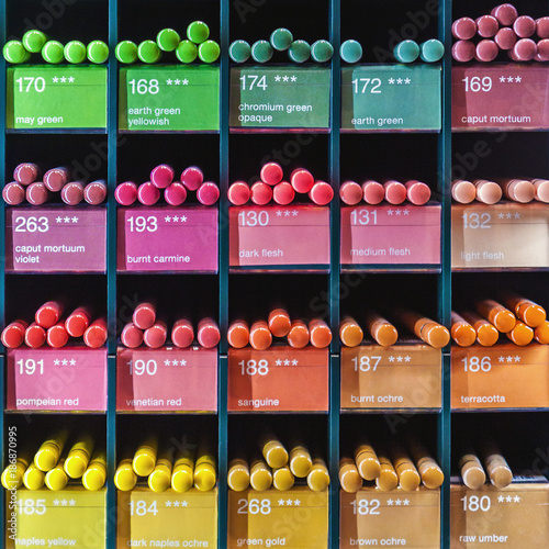 Cuadro en lienzo Colorful pencils with color name and number for sale at drawing equipment shop