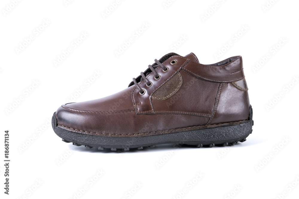 Male brown leather boot on white background, isolated product, comfortable footwear. Male brown leather boot on white background, isolated product, comfortable footwear.