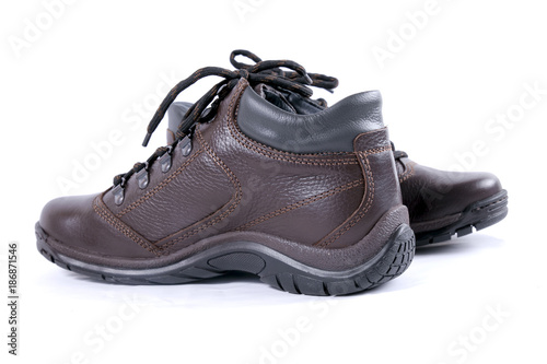 Male brown leather boot on white background, isolated product, comfortable footwear.