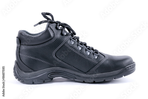 Male black leather boot on white background, isolated product, comfortable footwear.