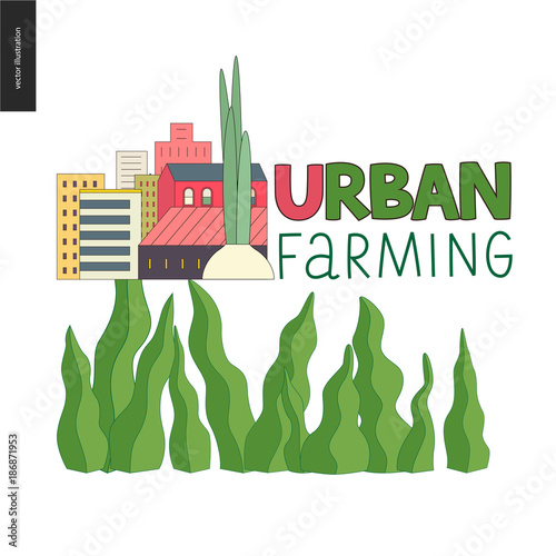 Urban farming, gardening or agriculture logo. Onion and city buildings behind.