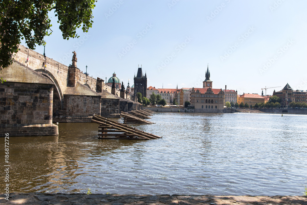 The Vltava River and the Charles Bridge are a summer sunny day. Prague, Czech Republic.