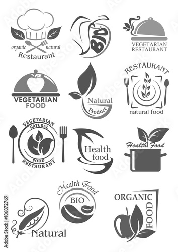 Organic food and vegetarian nutrition icon set